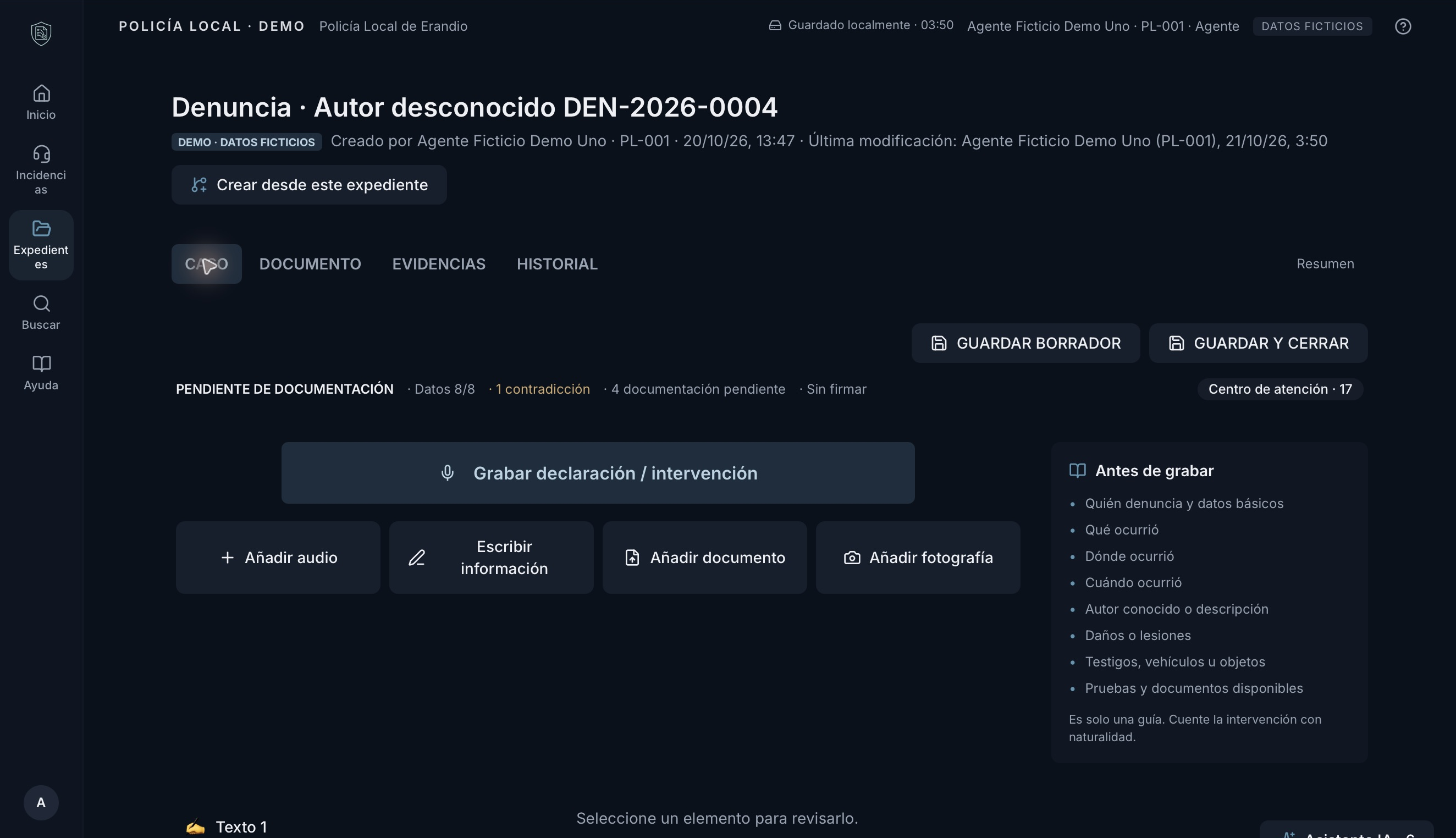 Relato y caso: pantalla de la demo CONEX con datos ficticios