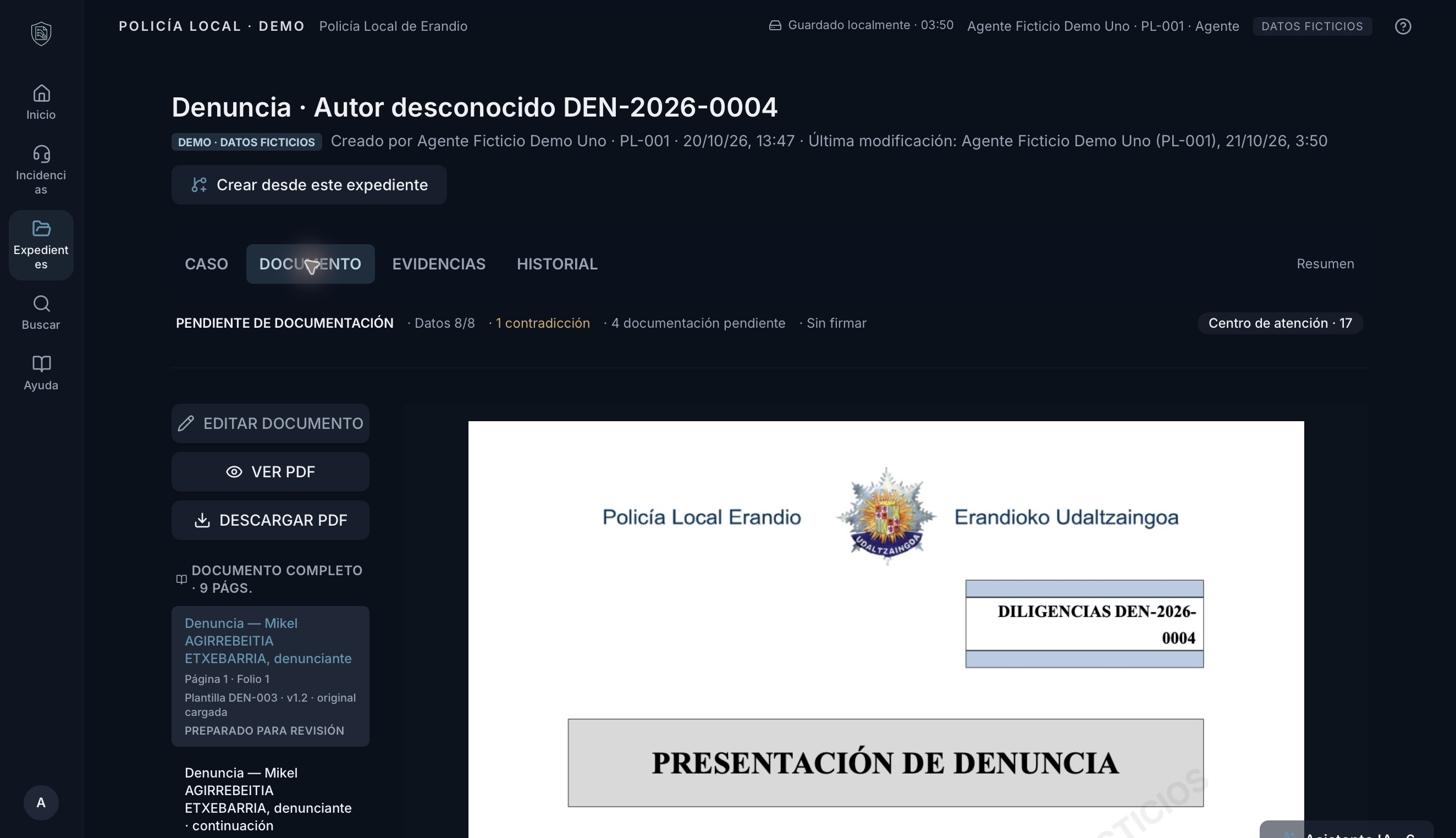 Demo real: documento del expediente y propuesta del asistente en panel contiguo