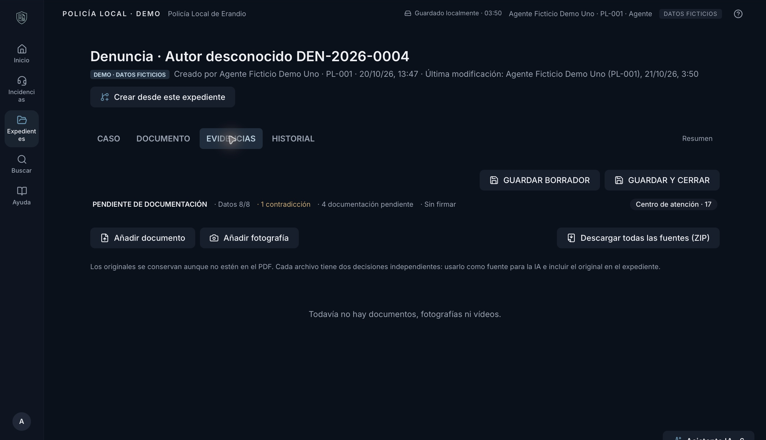 Vista de evidencias de la demo CONEX con datos ficticios