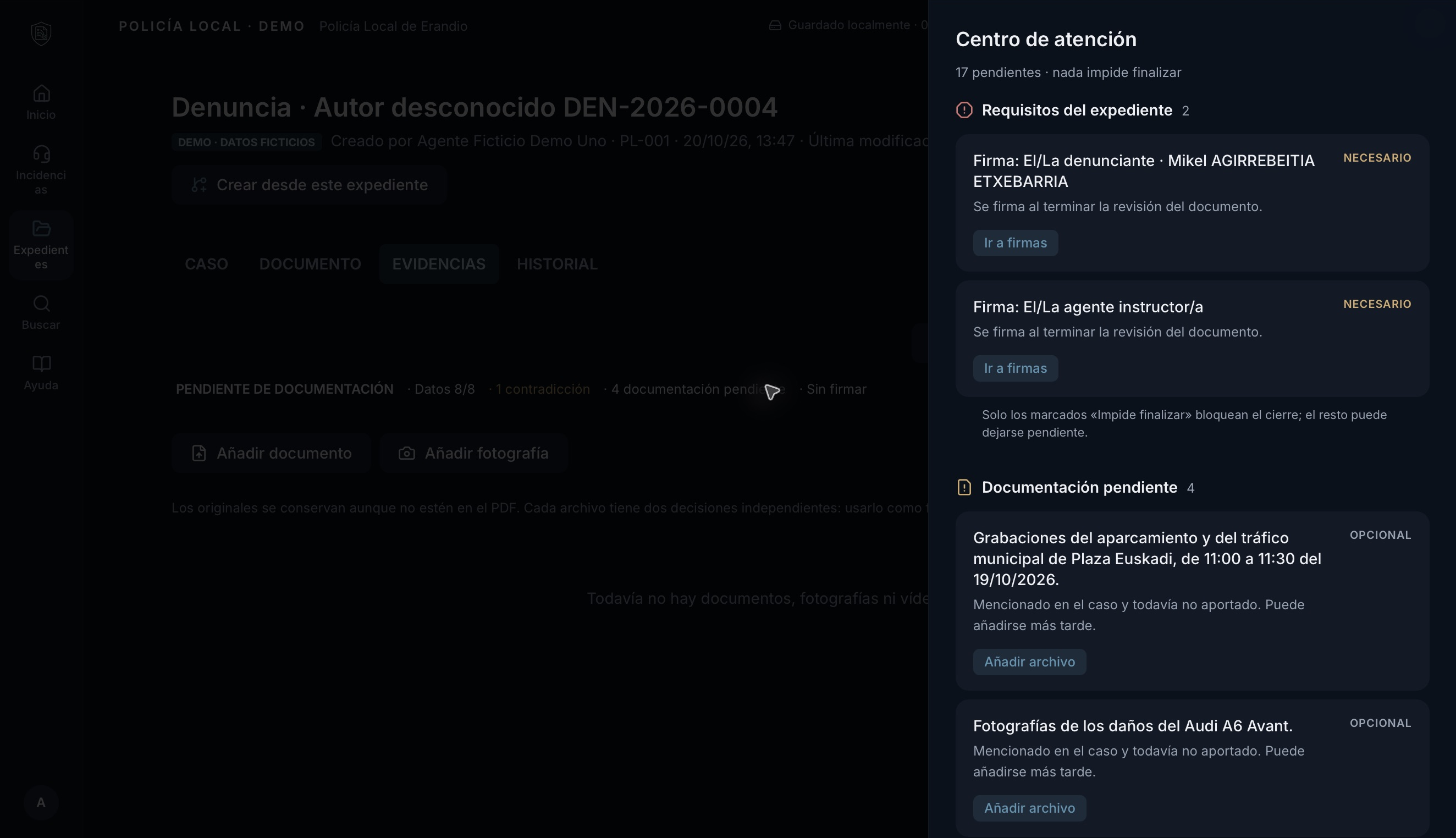 Revisión y continuidad: pantalla de la demo CONEX con datos ficticios